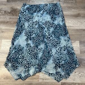 Vintage 90s Skirt Blue Burnout Velvet Midi Jagged Hem Y2K Witchy 16W